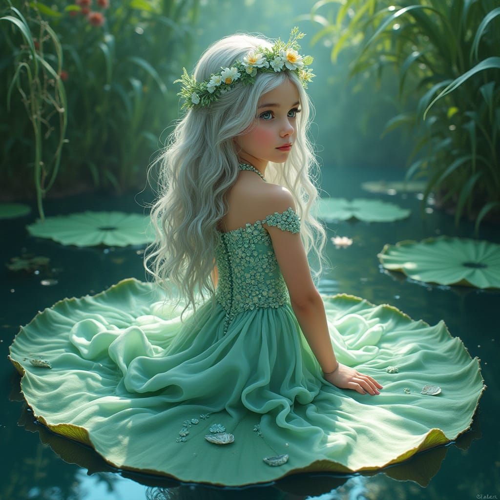 Enchanted Water Lily Maiden in Shimmering Gown
