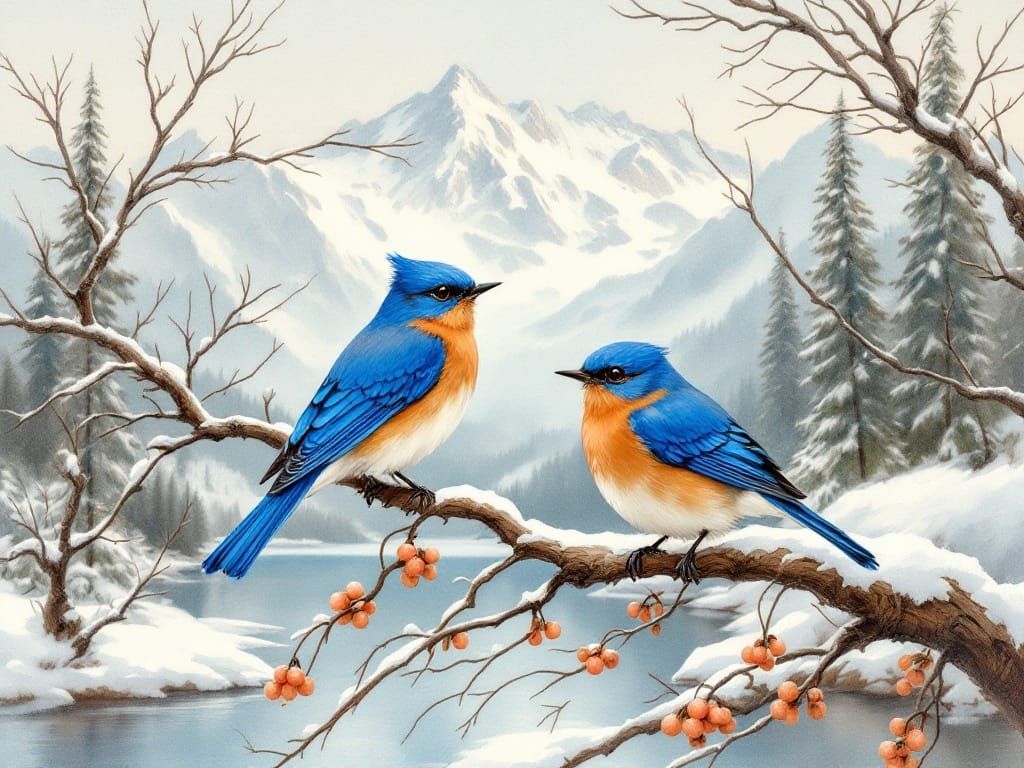 Mountain Bluebirds Perched on Snowy Branch, Watercolor Style