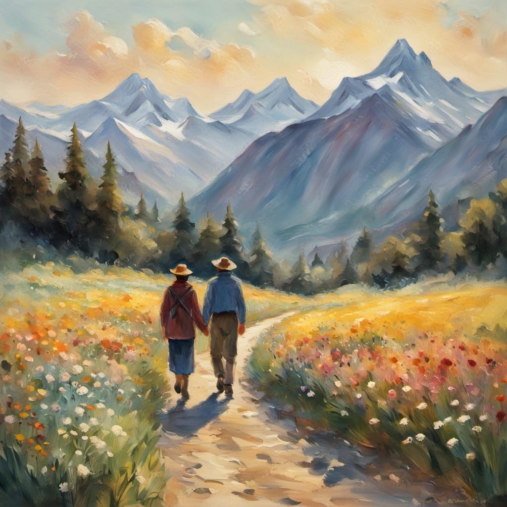 Golden Hour Impressionist Masterpiece: Couple in a Blooming ...