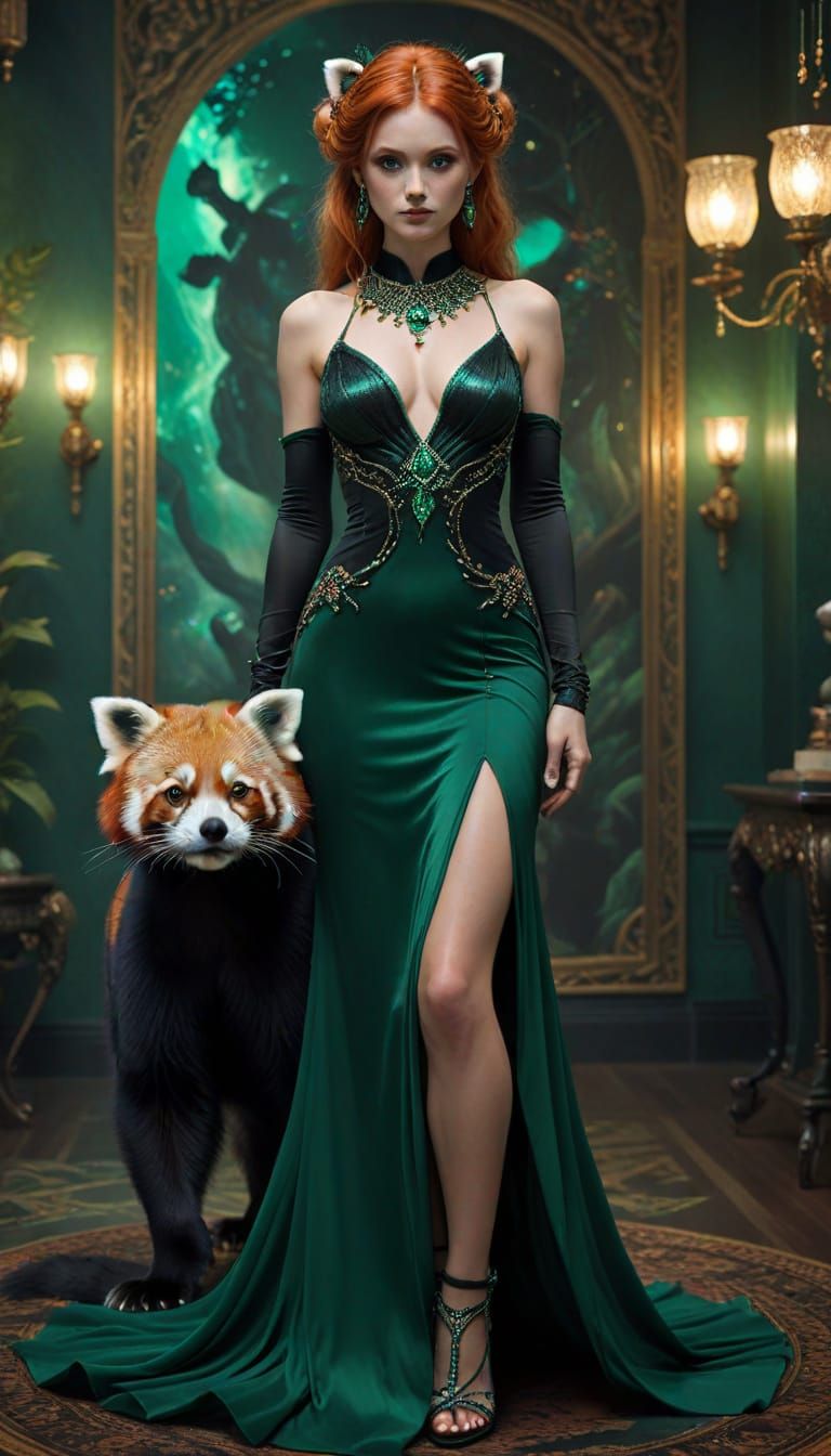 Ethereal Hybrid Woman in Cocktail Dress with Red Panda Featu...