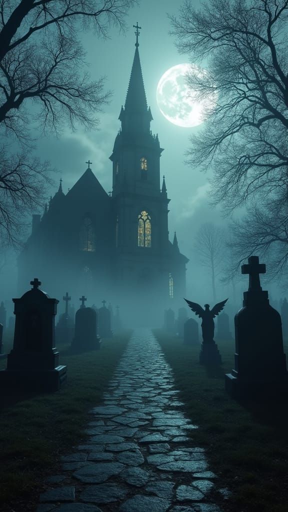 Eerie Graveyard in Dense Fog Under Full Moon