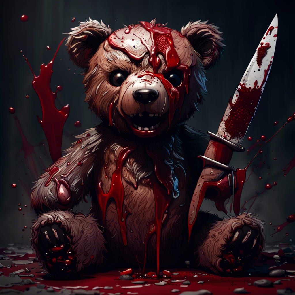 Horror Teddy Bear with Bloody Knife