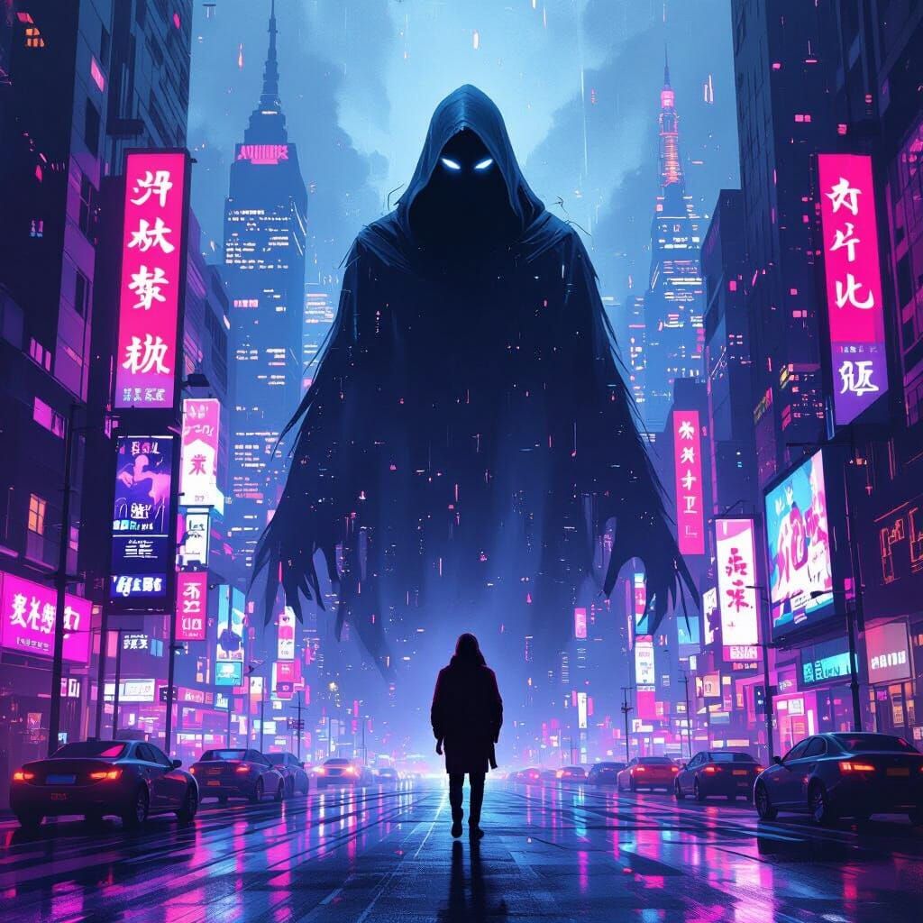 Mystic Being in City Lights, Modern Cinematic Style