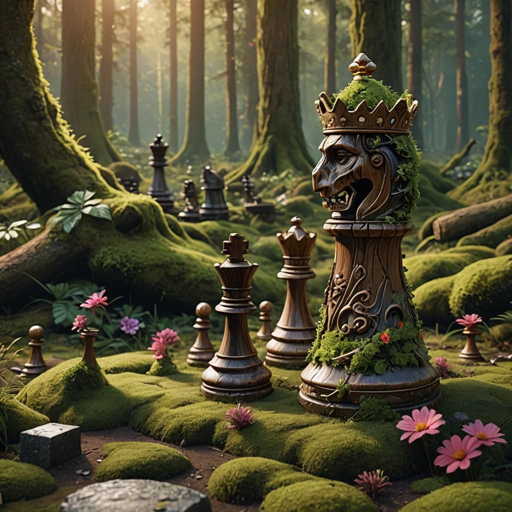 Chess Pieces Reclaimed by Nature at Sunset