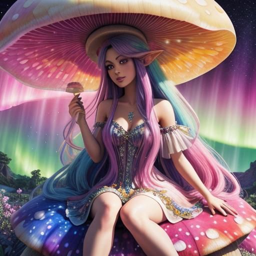 Rainbow Fairy on Mushroom, Maximalist Watercolor Style