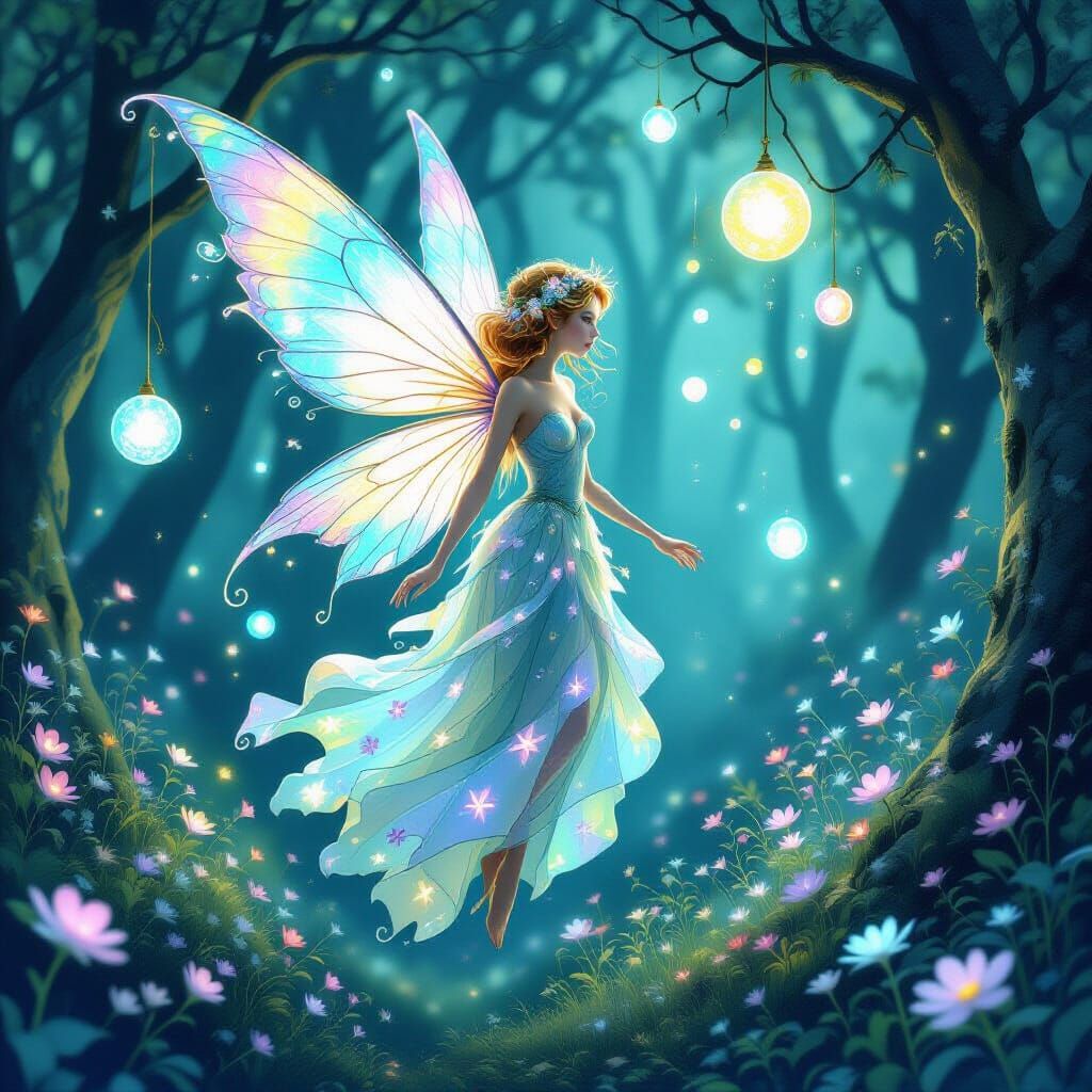 Enchanting Fairy in Bioluminescent Moonlight Forest