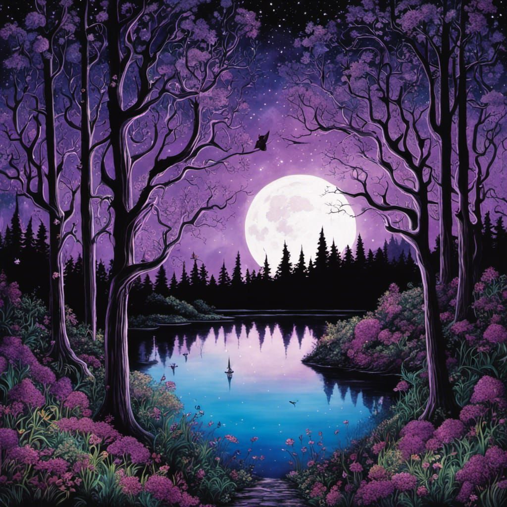 Gothic Lake Forest with Bioluminescent Flowers