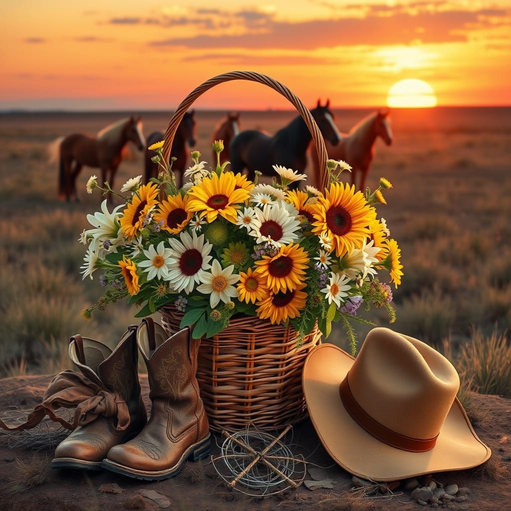 Rustic Wildflower Wreath with Cowboy Boots and Sunset Horses