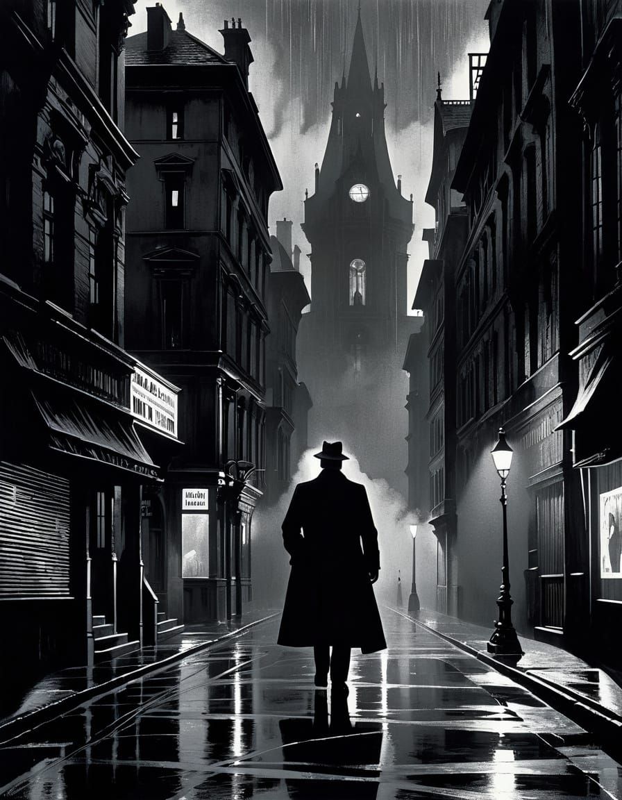 Film Noir Detective Lost in Shadows of the Rainy Night