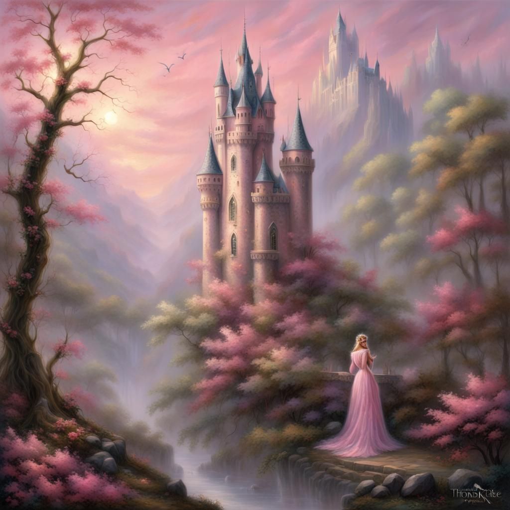 Gothic Queen in Pink Tower: Ethereal Fantasy Art
