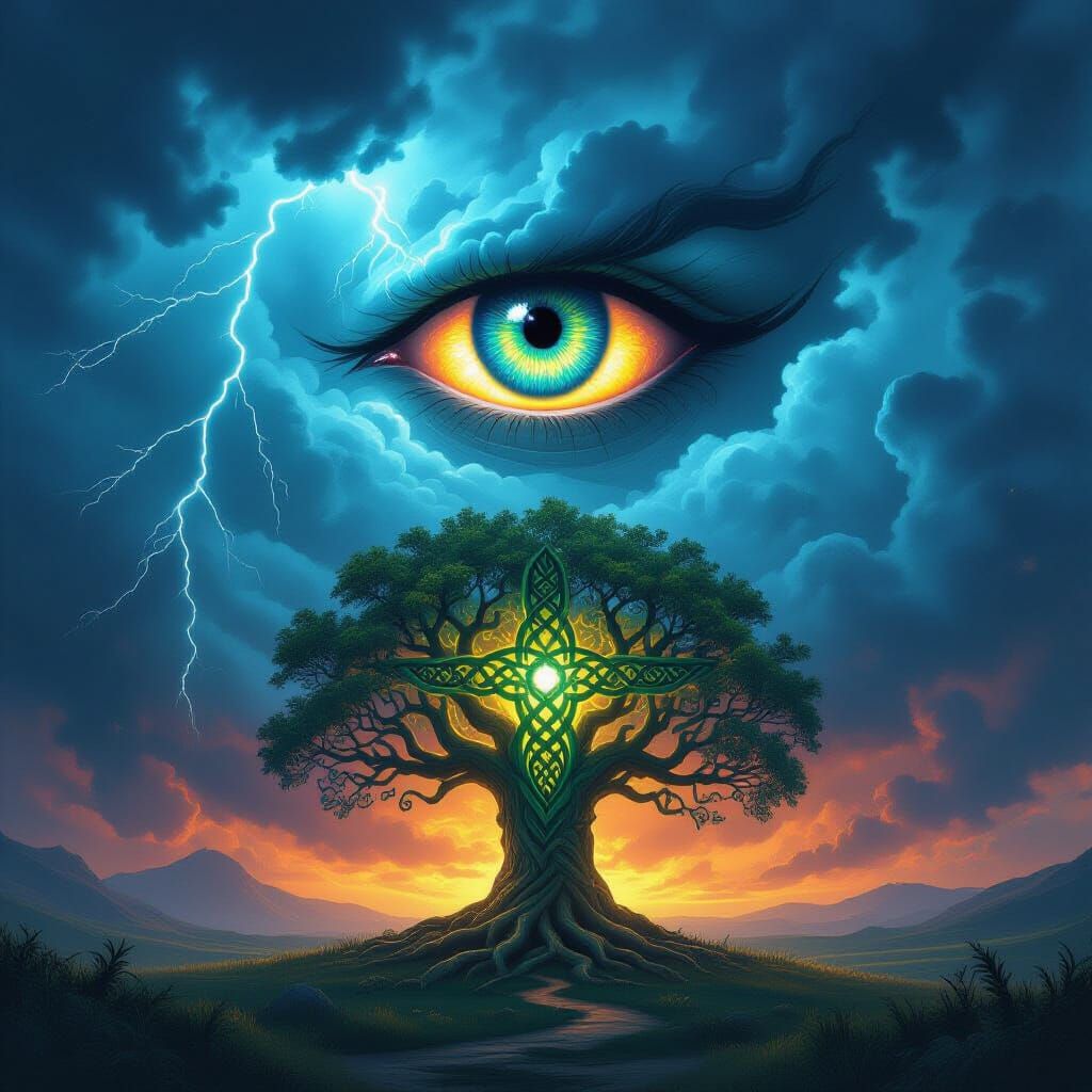 Glowing Evil Eye Leers at Celtic Tree