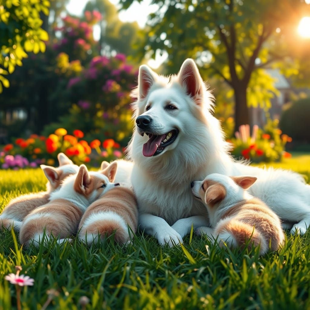 Serene Swiss Shepherdess with Pups in a Vibrant Southern Gar...