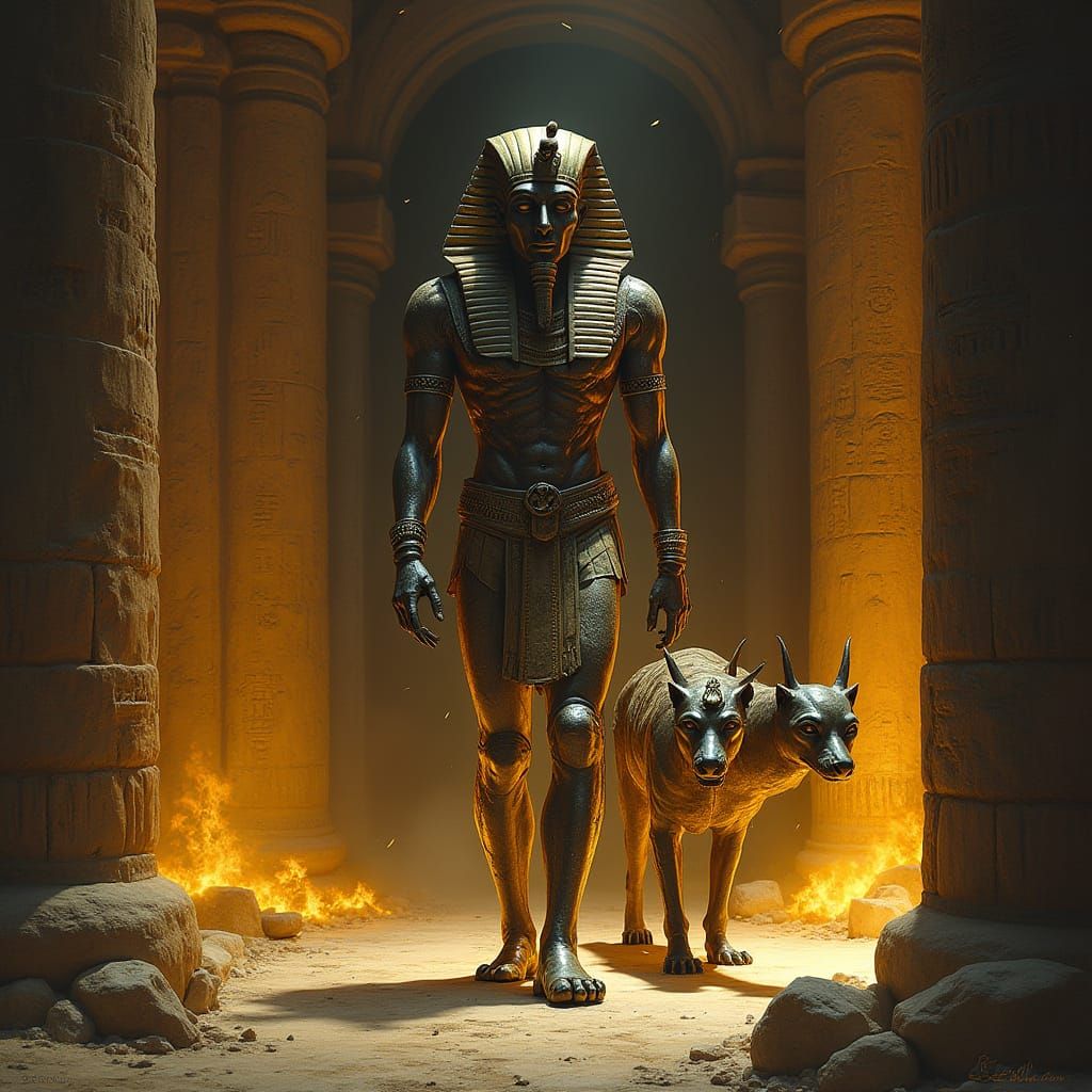 King Tut Mummy and Cerberus in Ancient Tomb