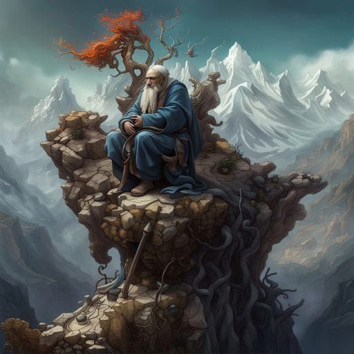 Wise Guru in Dark Fantasy Mountain Landscape