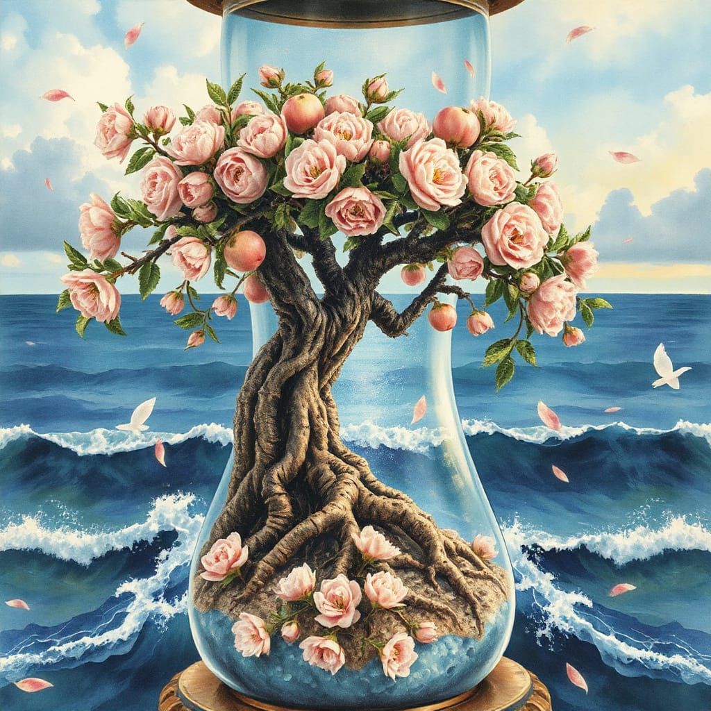 Blooming Apple Tree in Rococo Hourglass, Watercolor Style