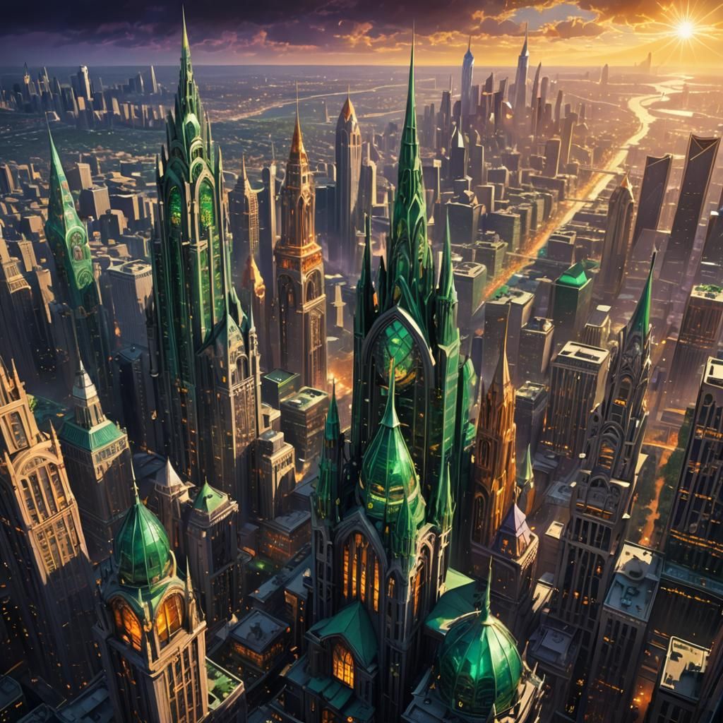 Emerald, amber and amethyst metropolis, futuristic, detailed matte painting, deep color, fantastical, intricate detail,...
