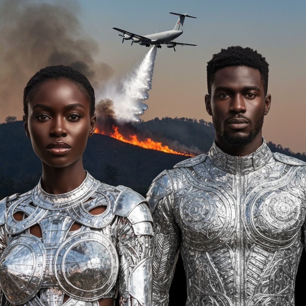Futuristic Figures Amidst California Wildfire