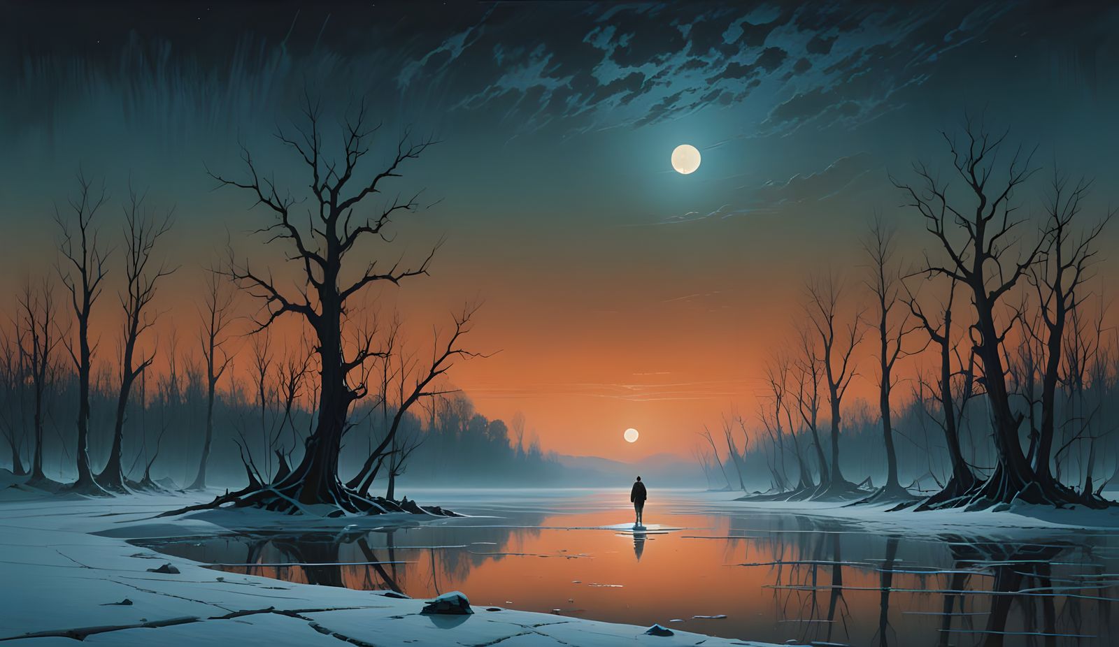 A Figure Stands Alone Under Starless Winter Skies