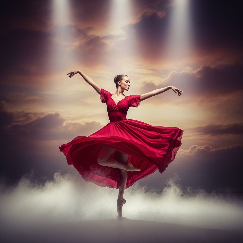 Ballerina in Crimson Dress Dancing on Stage
