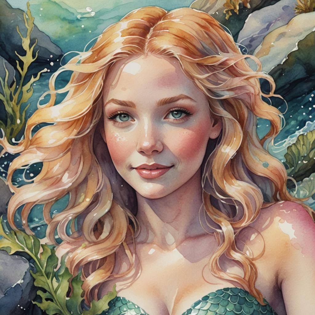 Smiling Mermaid Portrait in Watercolor Style