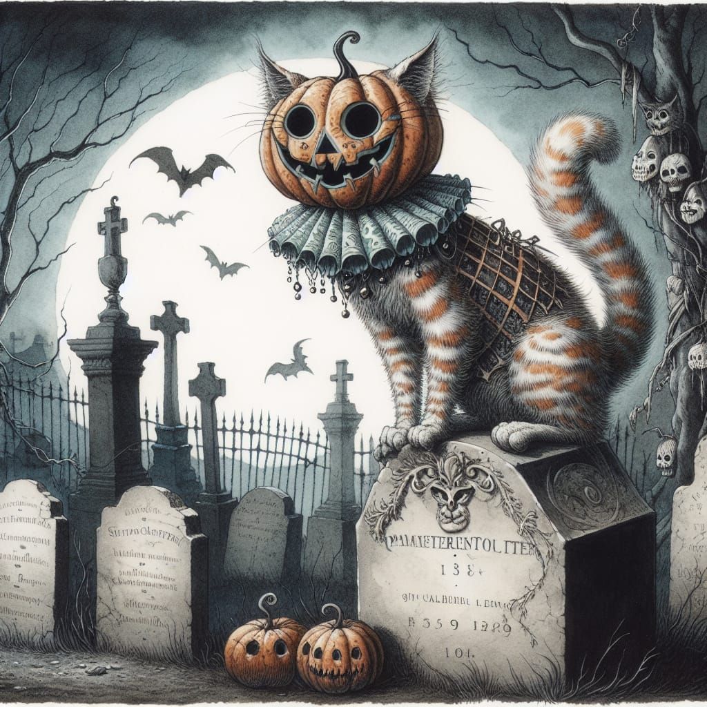 Whimsical Cat in Pumpkin Mask, Gothic Illustration