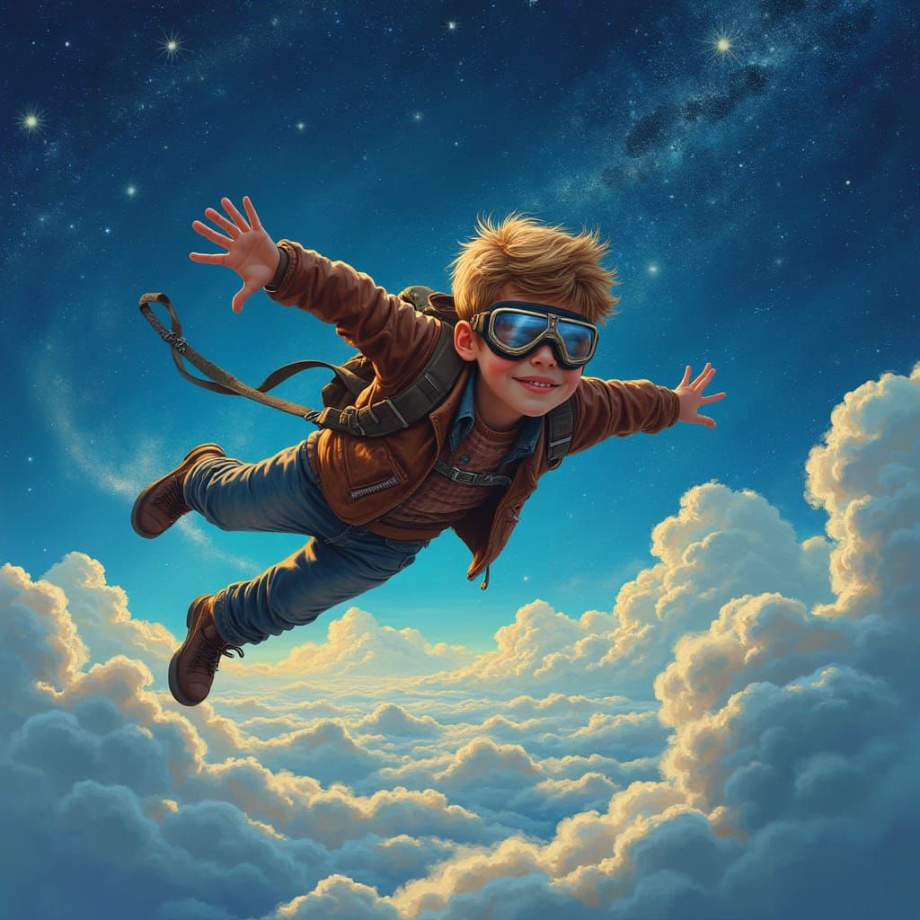 Boy Soaring Through Starry Night Sky