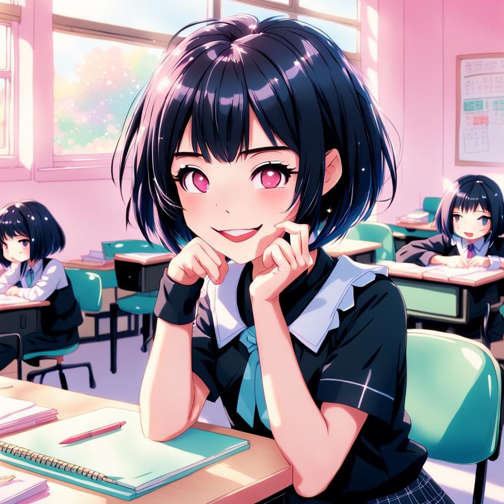 Mischievous Anime Girl at School Desk in Manga Style