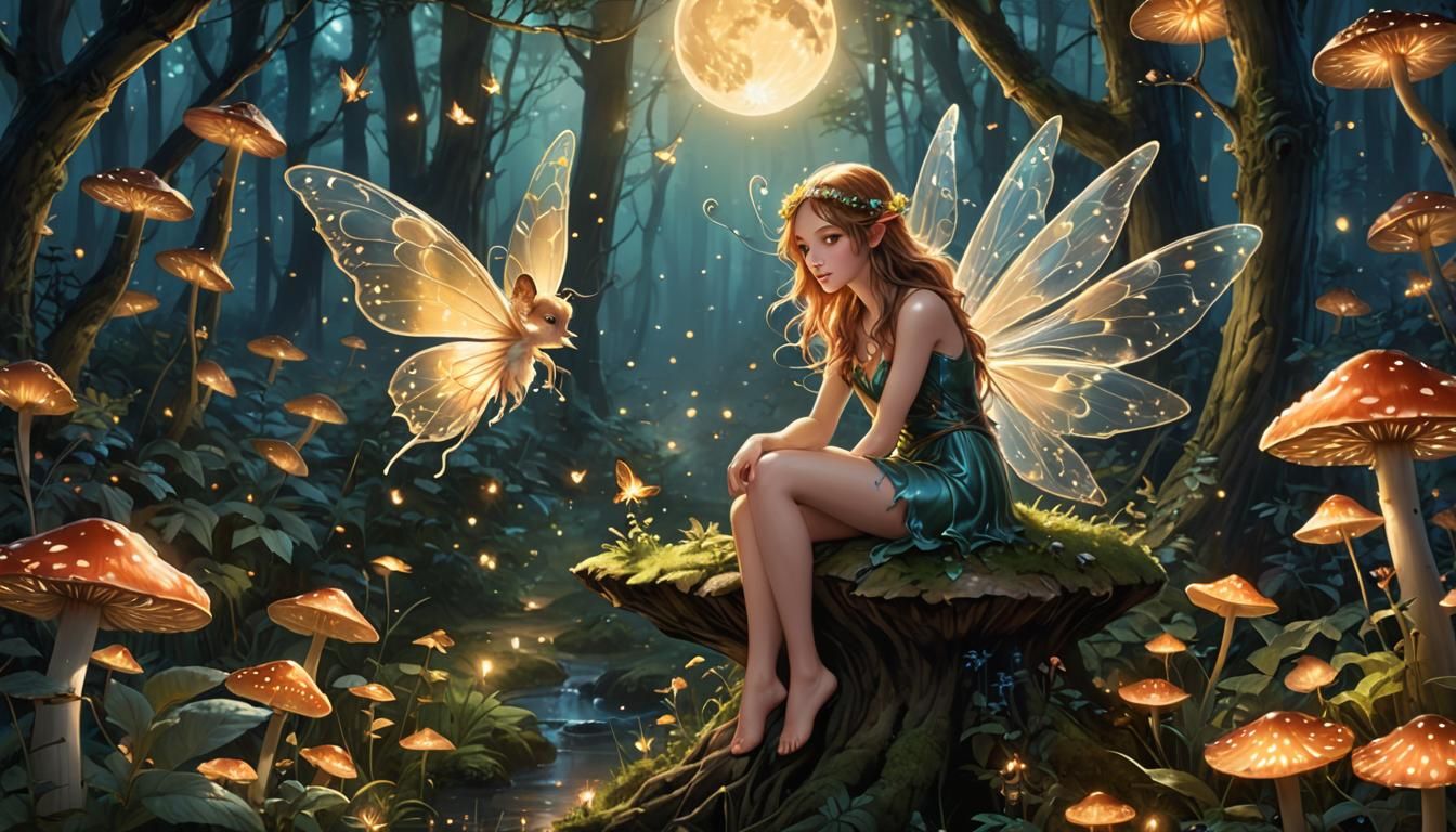 Fairy on Mushroom in Moonlit Forest