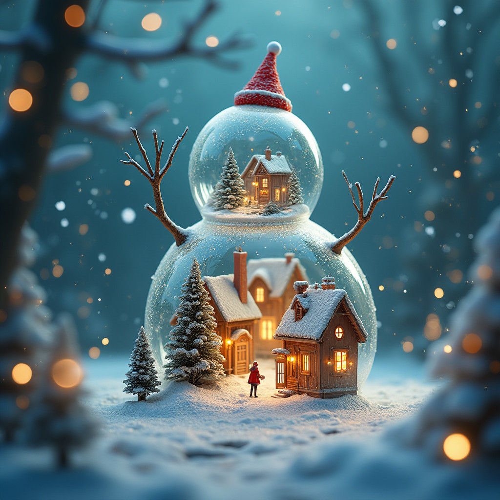 Miniature Christmas Town Inside Glass Snowman
