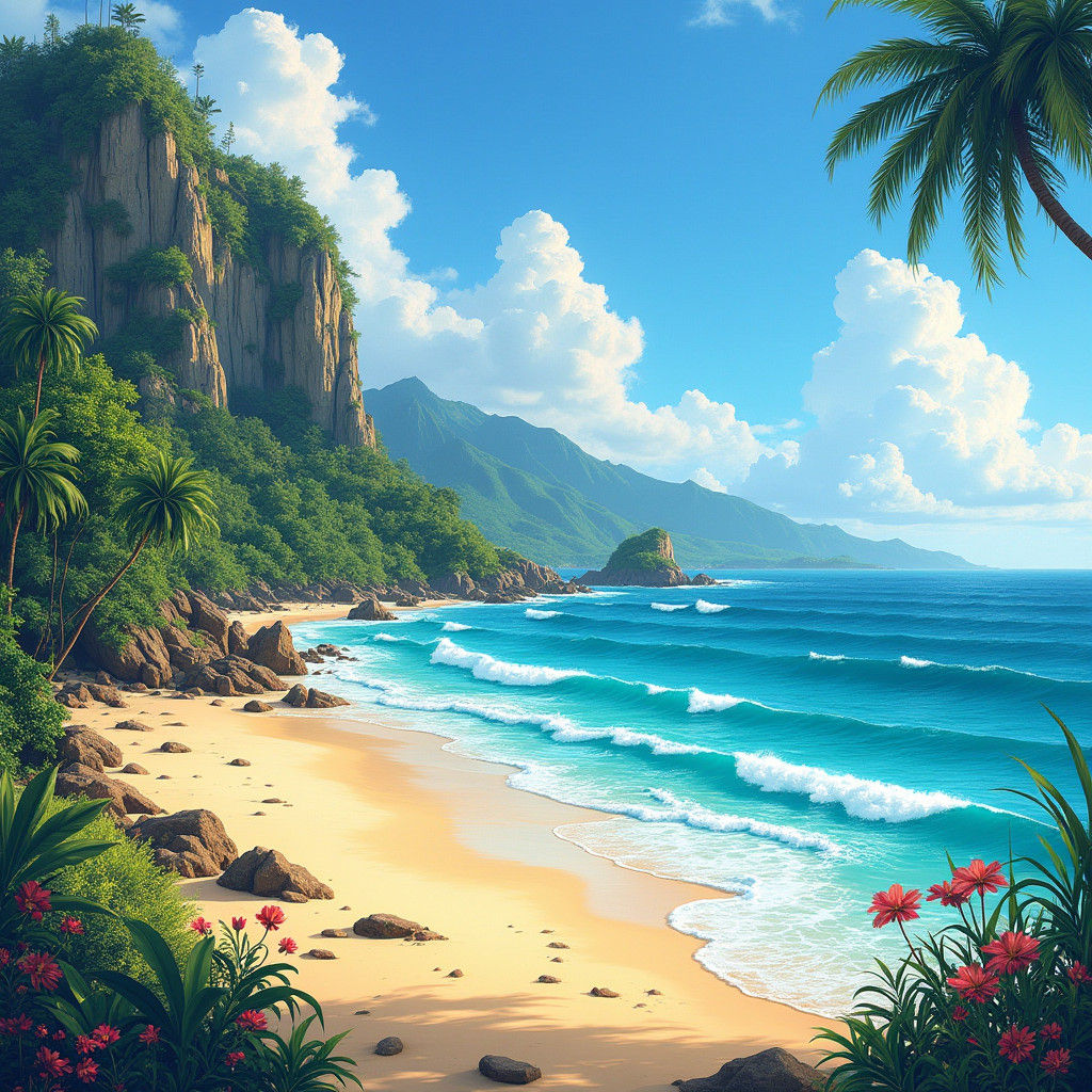 Tropical Coastline with Cliffs and Wildflowers