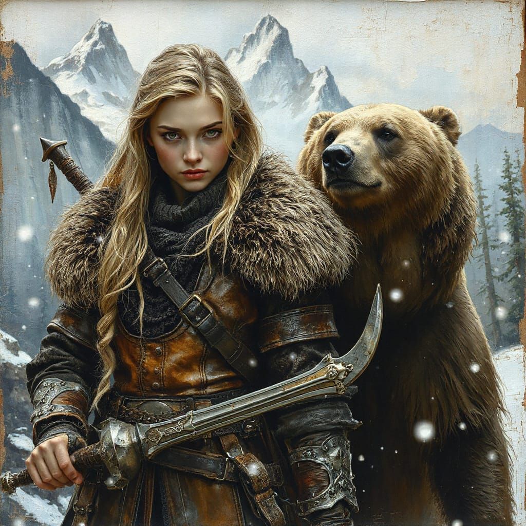 Medieval Huntress Embarks on a Frosty Quest with Fierce Bear...