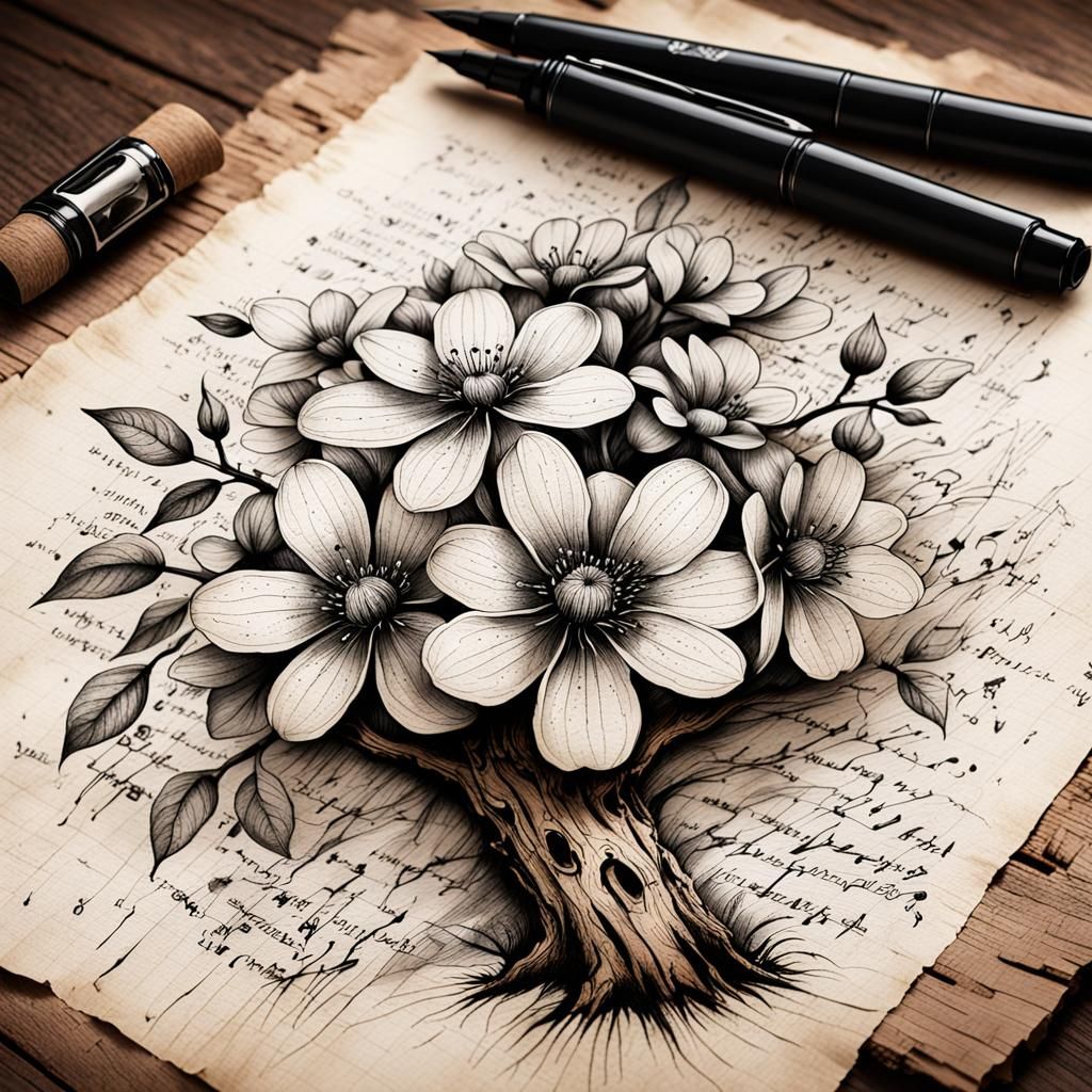 Botanical Ink Flower Drawing on Parchment