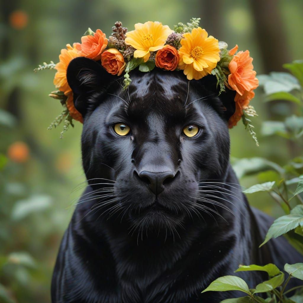 Hyperrealistic Black Panther in Vibrant Floral Crown, Set in...