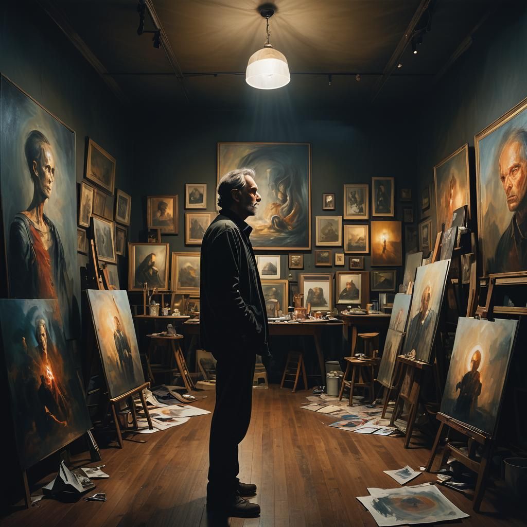 Artist Contemplates Creation in Dark Surrealism