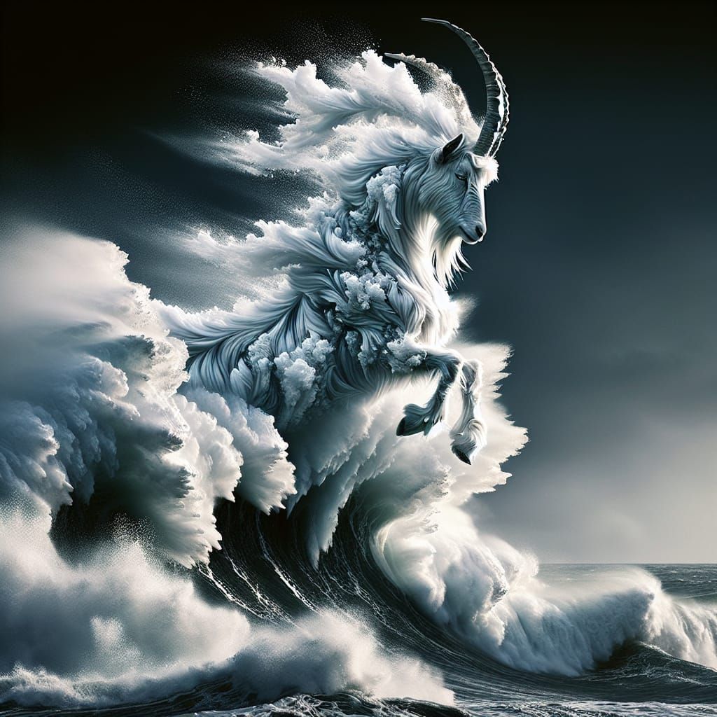 Seafoam Goat Leaping from Stormy Waves
