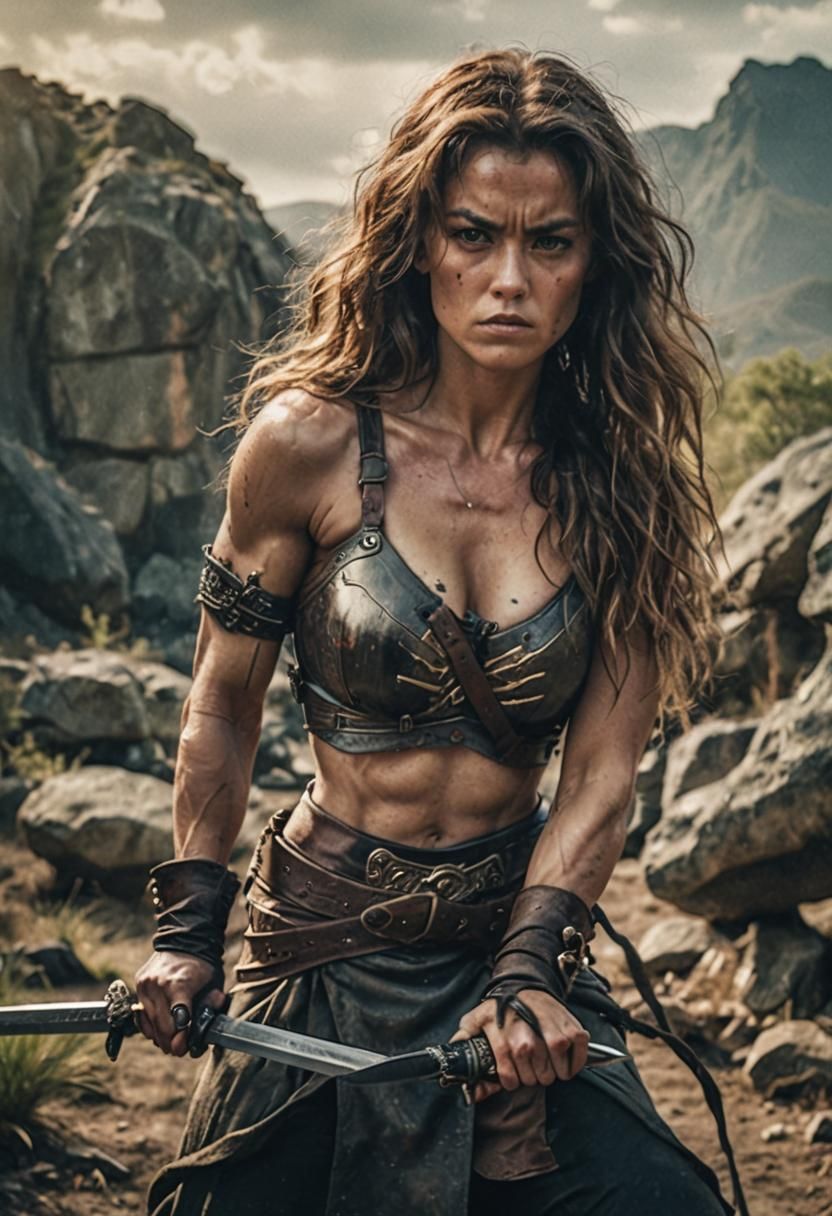 Epic Warrior Woman with Swords in Cinematic Style