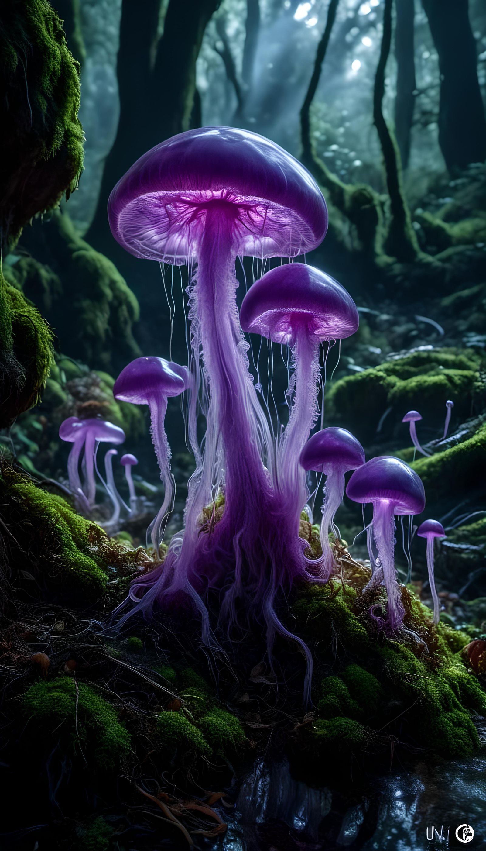 Purple Alien Mushrooms in Intense Heavenly Light