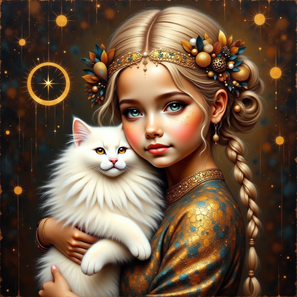 Toddler Girl with Blonde Braids Holds White Cat