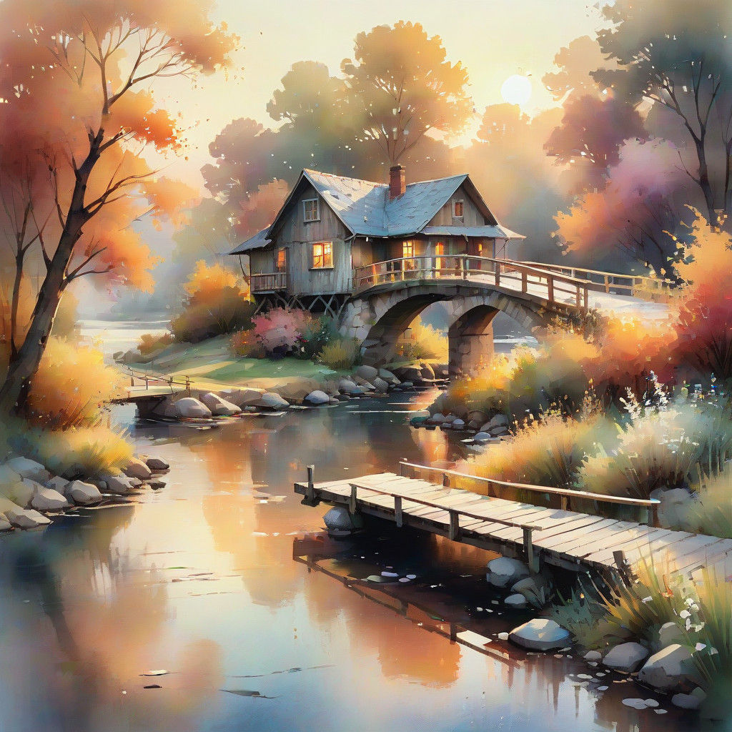 Watercolor Sunset Scene with Old House and Bridge