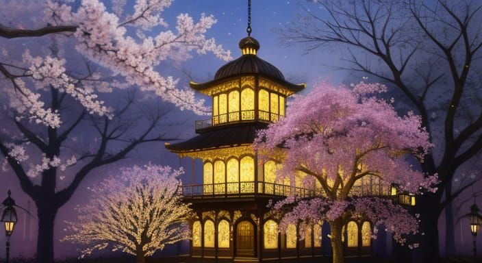 Golden Birdcage on Cherry Tree in Impressionistic Style