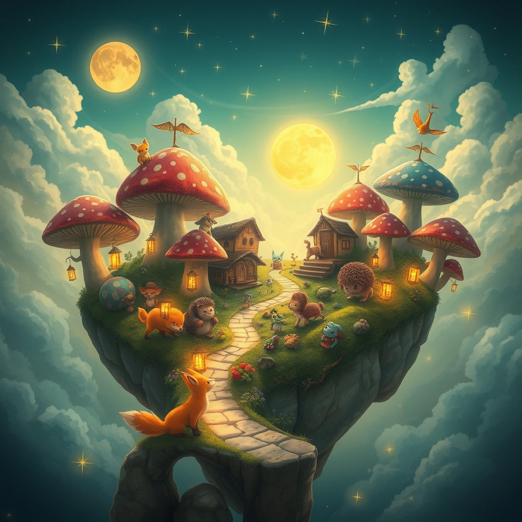 Enchanted Floating Island Village with Cute Creatures