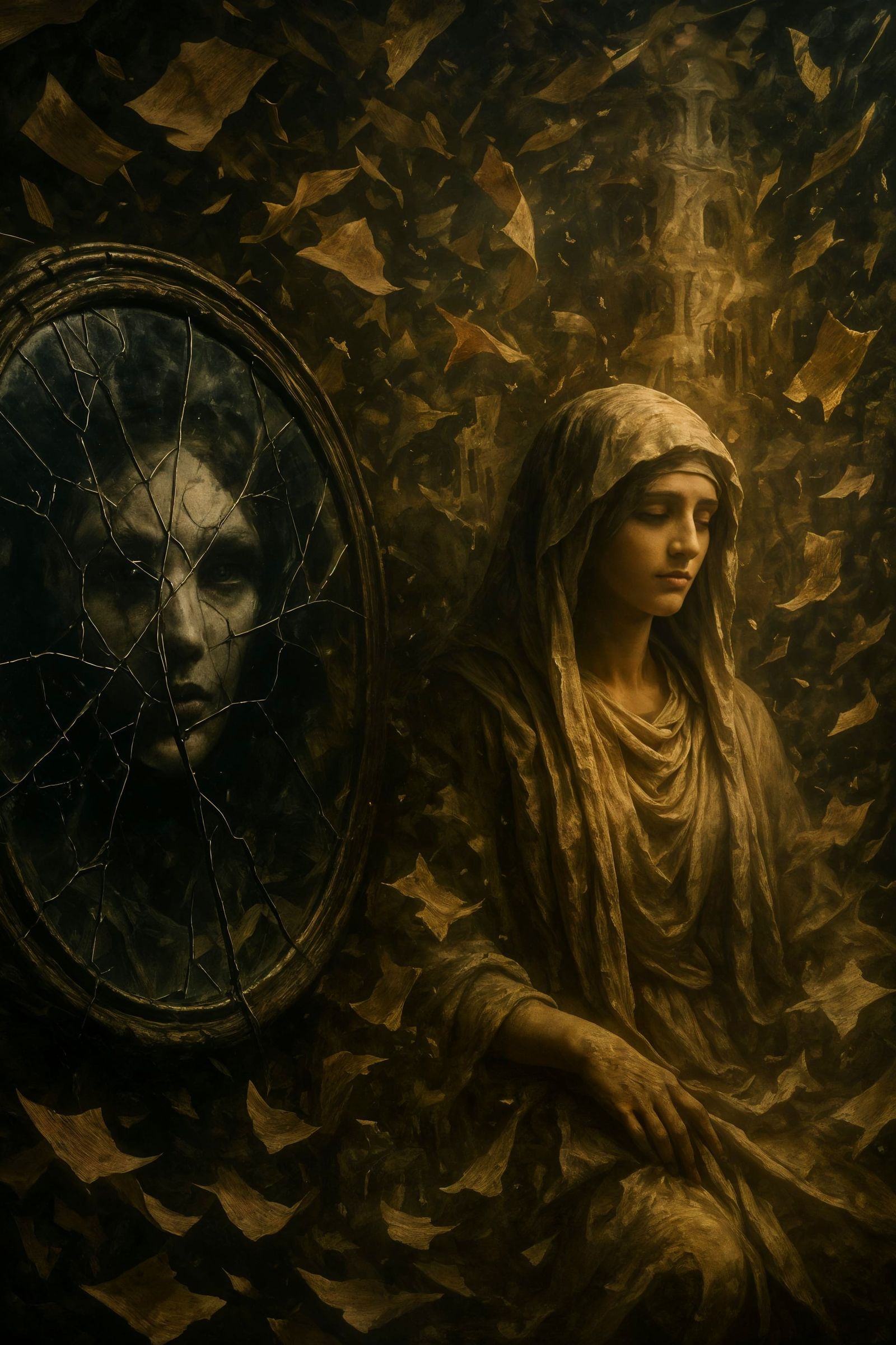 Fractured Mirror Reflects Ghostly Oracle in Storm of Pages