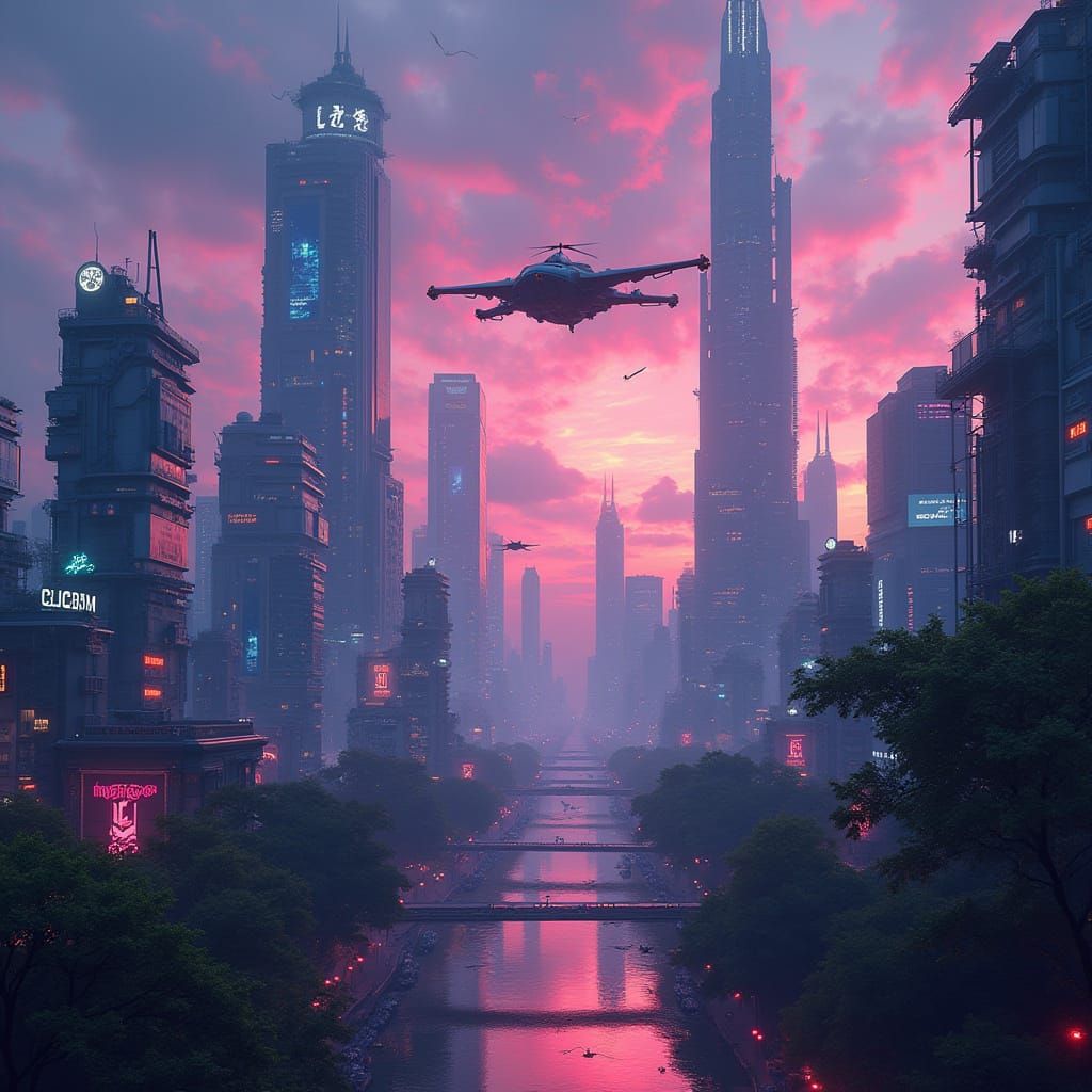 Futuristic Cityscape at Twilight with Neon Lights