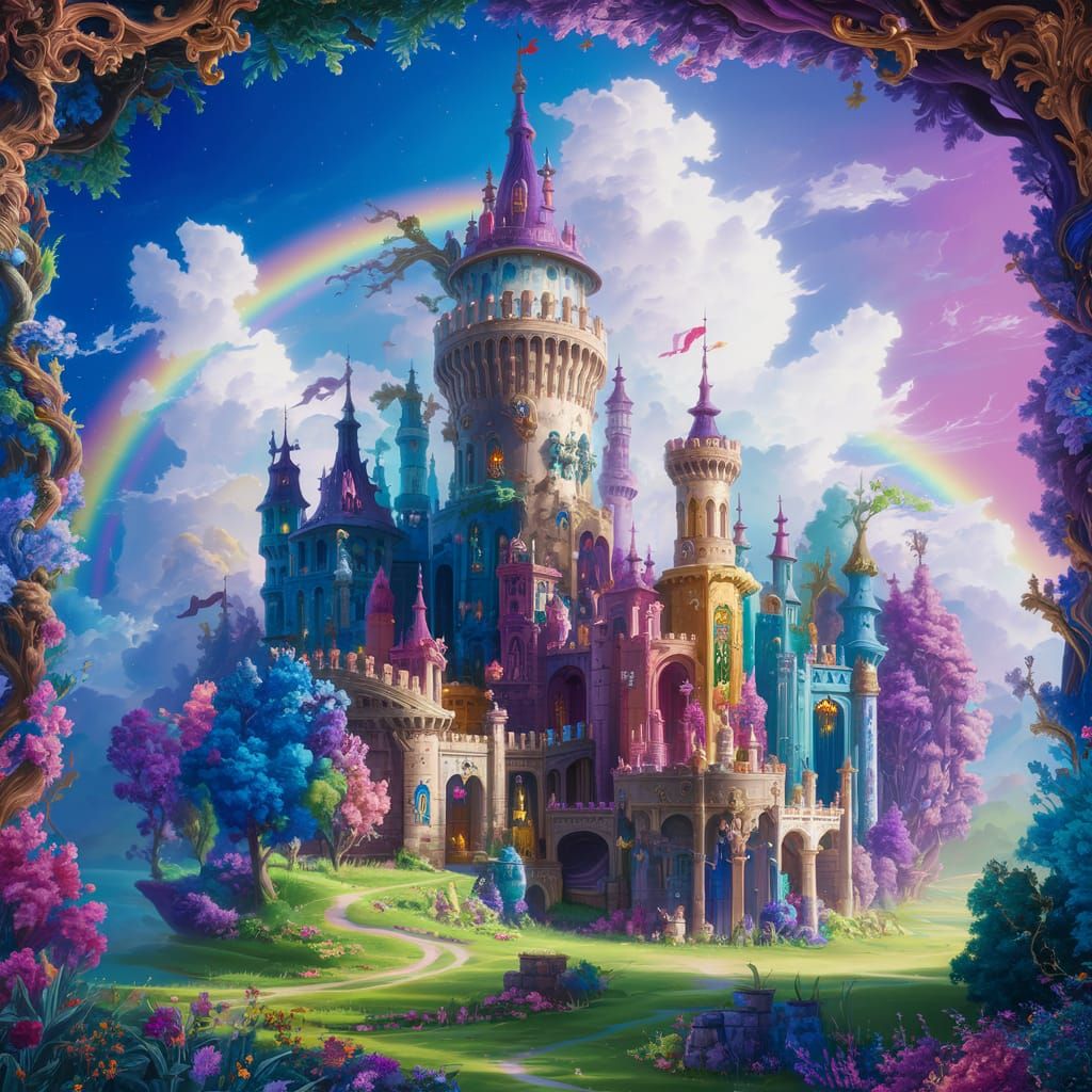 Surreal Castle Scene in Vibrant Colors and Lush Landscape