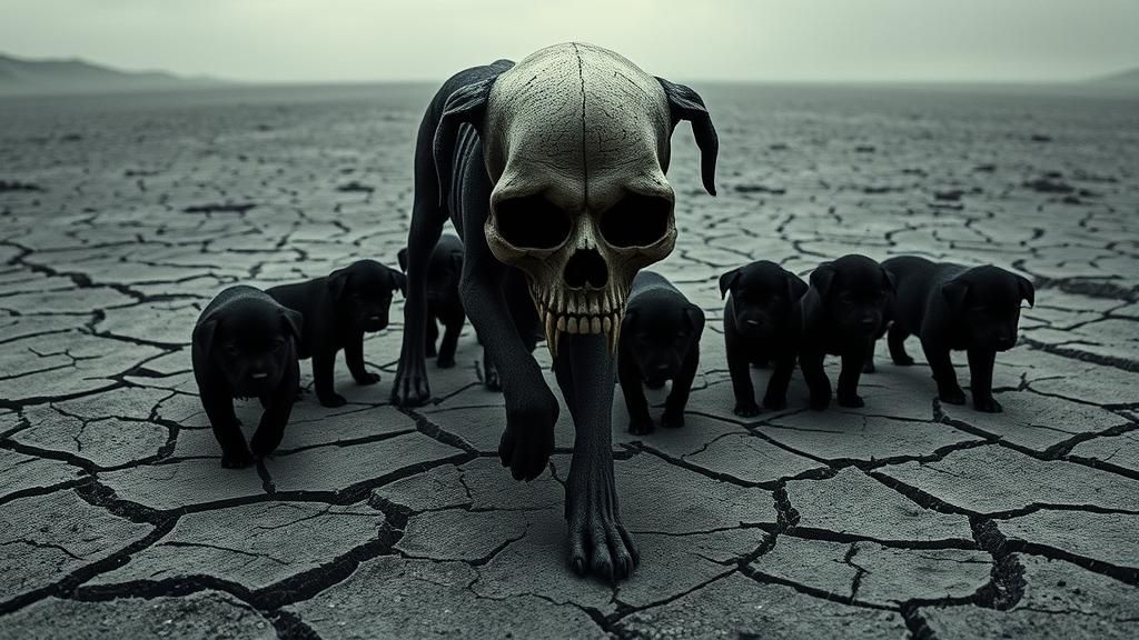 Surreal Dog of Death with Puppies in Barren Landscape