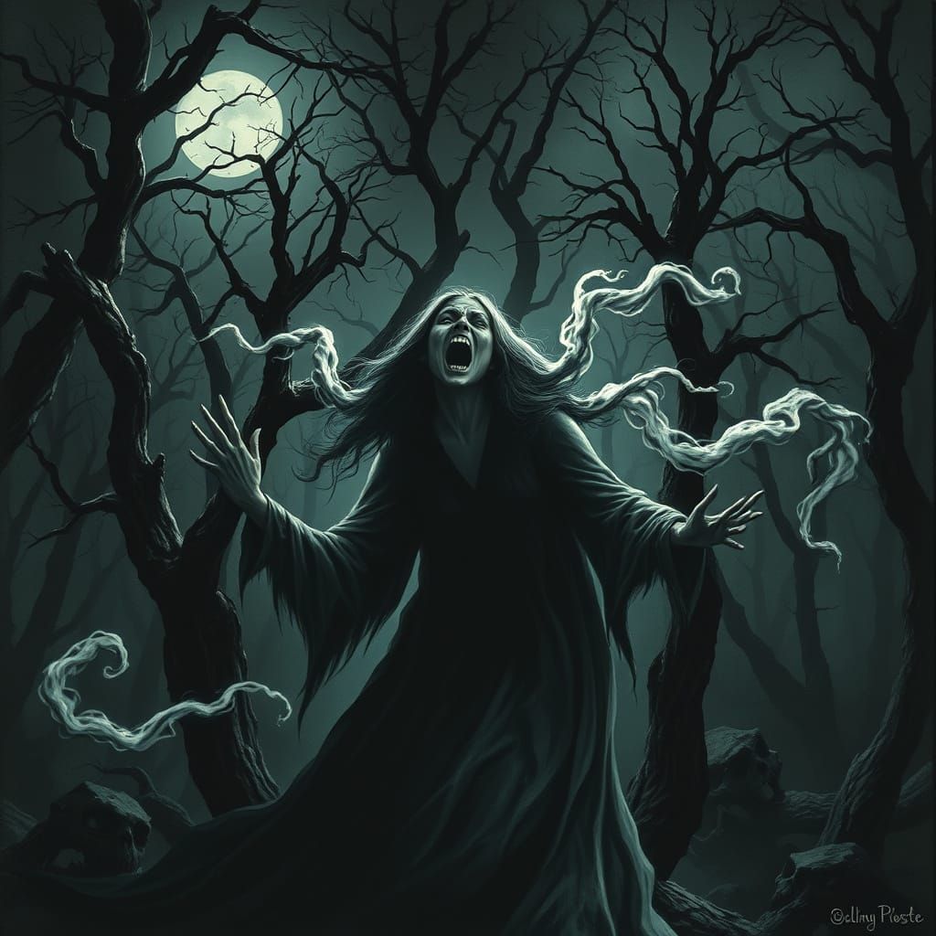 Spectral Woman's Tormented Shout in Dark Forest