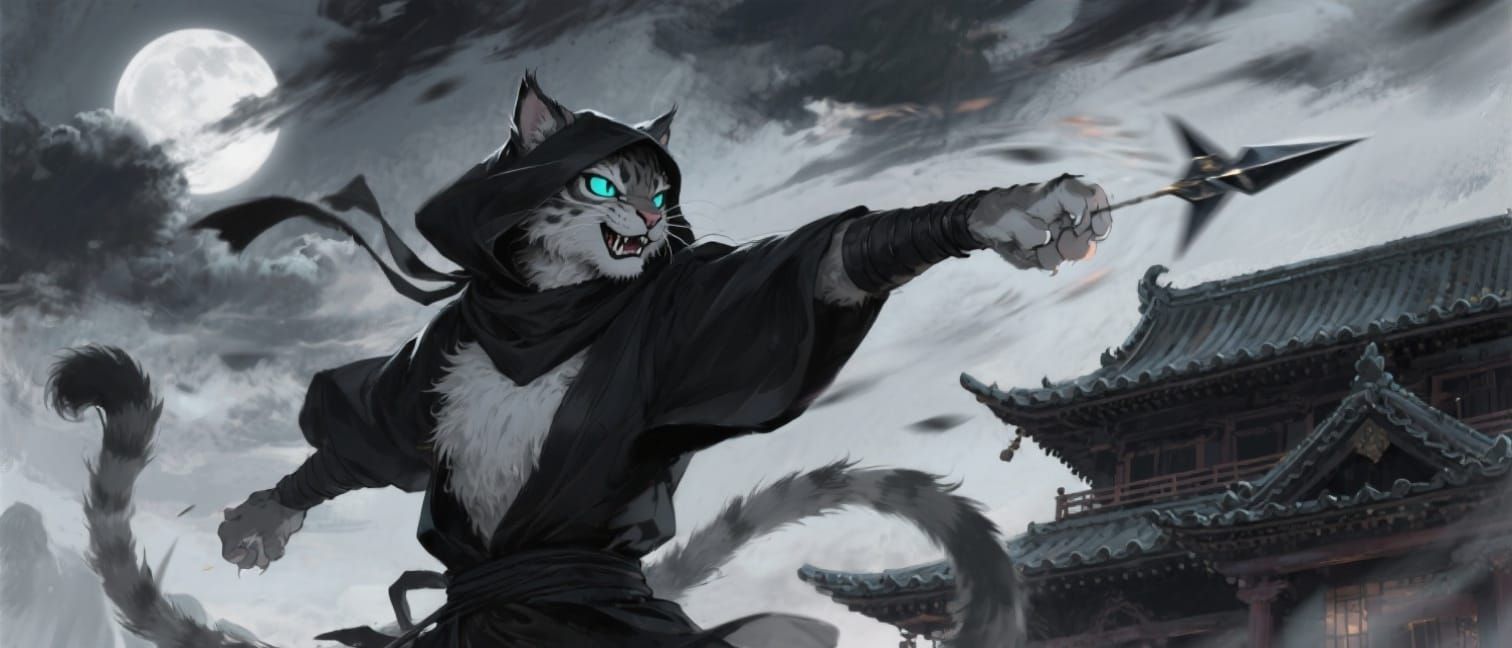 Lynx Ninja Throws Shuriken in Anime Style