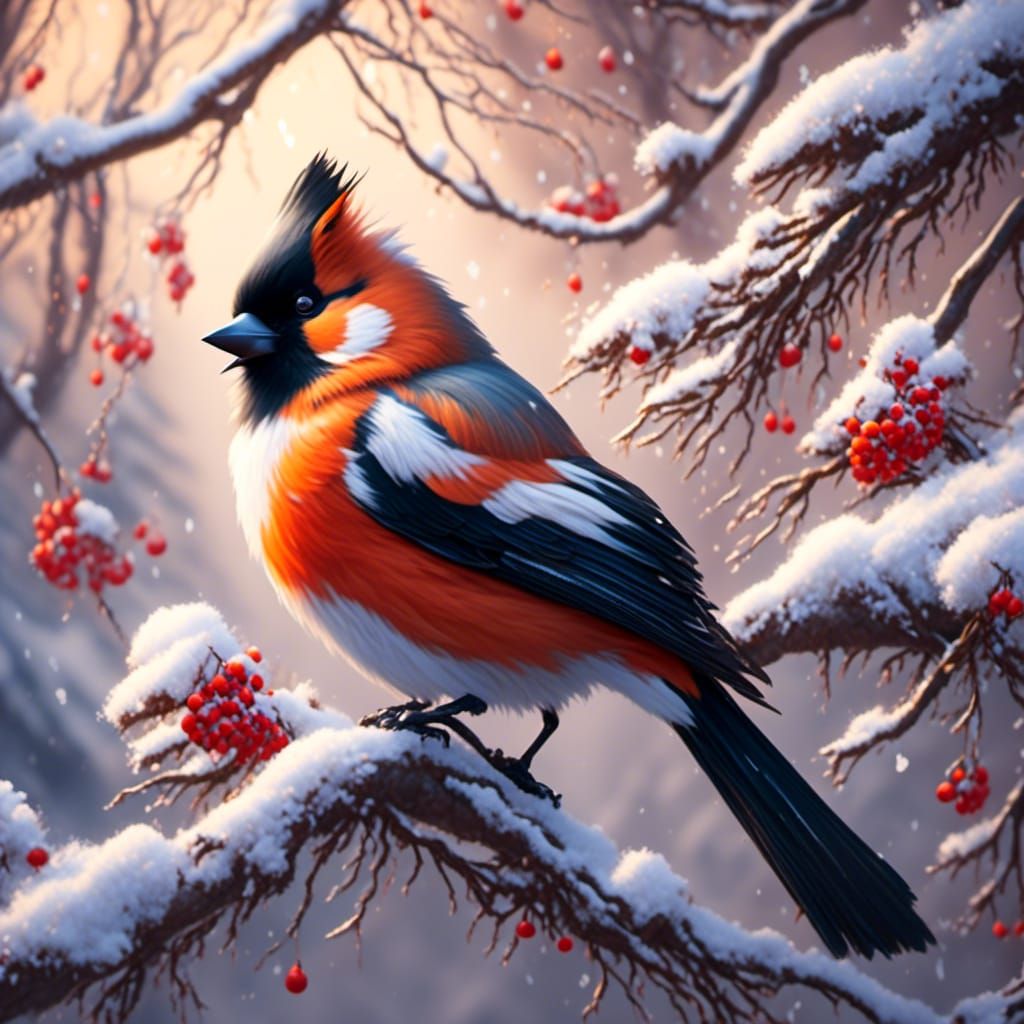 Bullfinch in Snowy Tree: Hyperrealistic Splash Art