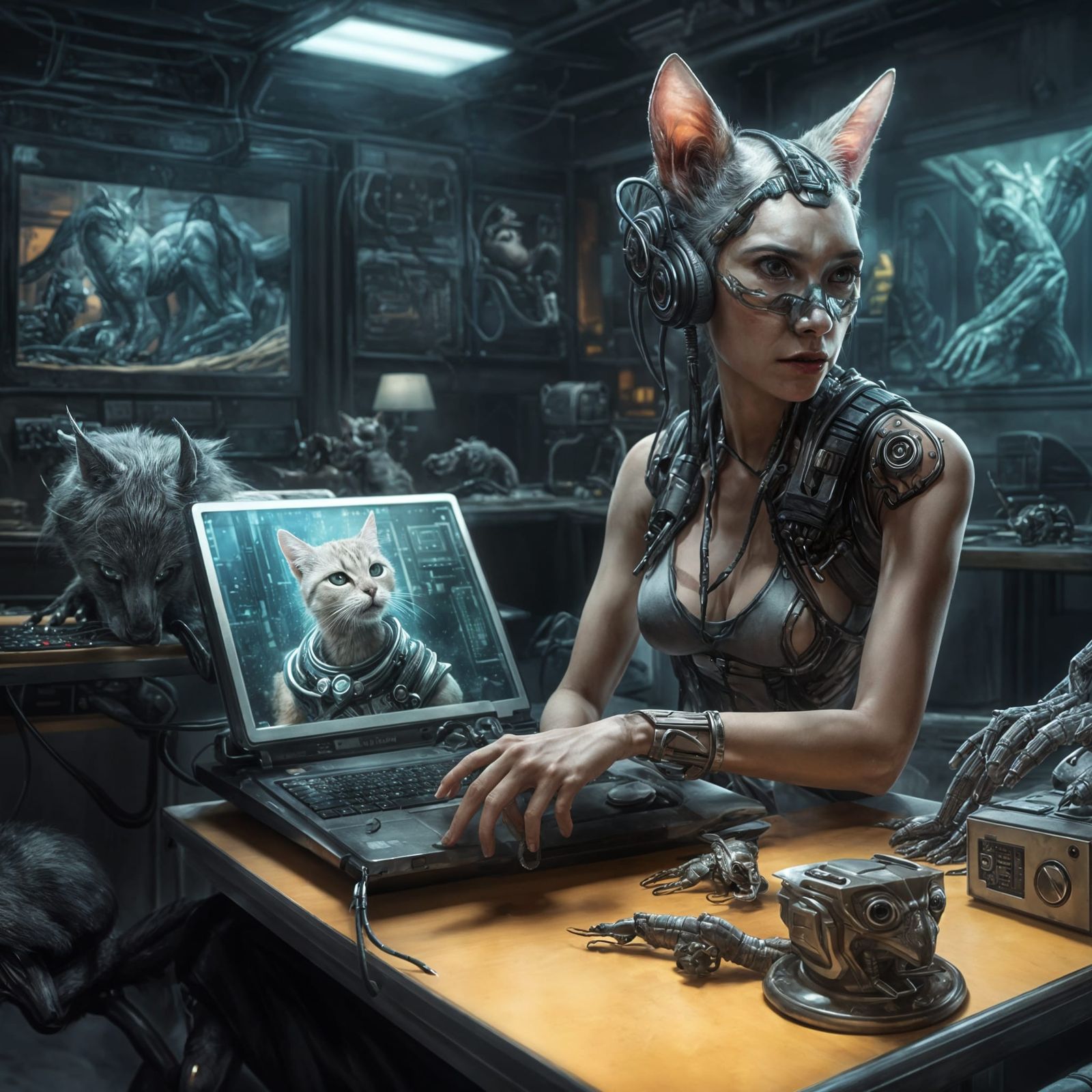 Woman and Cyberpunk Cat Creature: Photorealistic Art