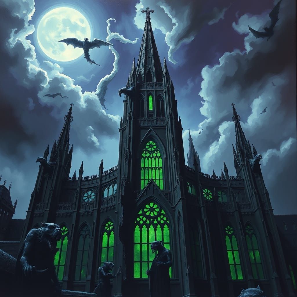 Gothic Cathedral Under Stormy Sky in Dark Fantasy Oil Style